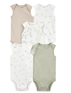 Bodies x 5 unidades - Musculosas blanco con dibujos y rayados en verde y beige