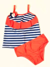 Malla "Licor de Miel" - Tankini rayada azul y blanco , con bombacha coral