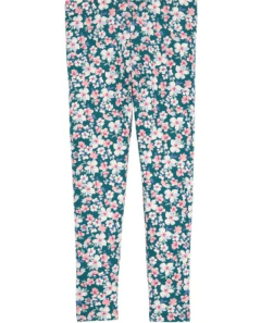 Calza "OshKosh" - Verde oscuro con flores rosas y blancas