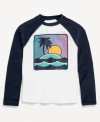 Remera UV "Old Navy" - Blanca con mangas largas azules y estampa de playa