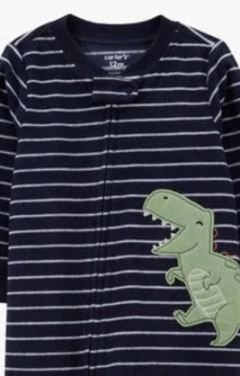 Osito "Carter´s", micropolar - Azul con rayas y dino verde, con patitas antideslizantes - Lupeluz