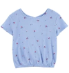 Remera "Osh Kosh" - De morley celeste con flores rojas chiquitas, corta, con elástico
