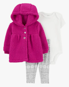 Conjunto "Carter´s" - 3 piezas saco peluche fucsia + body + calza gris - comprar online