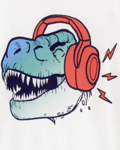 Remera "Osh Kosh" - Blanca, manga larga. Dino, con auriculares en internet