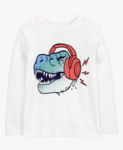 Remera "Osh Kosh" - Blanca, manga larga. Dino, con auriculares - comprar online