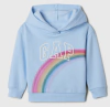 Buzo "Gap". Canguro celeste con logo estampado y arco iris, a la cintura - comprar online
