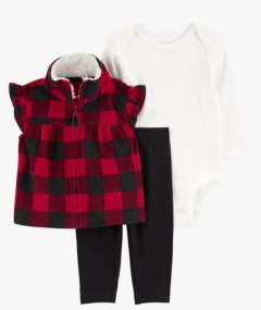 Conjunto "Carter´s" - 3 piezas chaleco micropolar cuadrille rojo/negro, body manga larga, calza algodón - comprar online