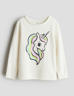 Remera H&M - Little Girl - Cruda con unicornio grande, manga larga - comprar online