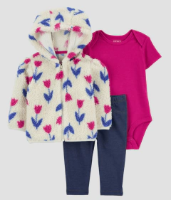 Conjunto "Carter´s" - 3 piezas campera peluche con tulipanes + body + calza simil jean - comprar online