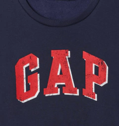 Buzo "Gap". De mujer - Cuello redondo azul con logo estampado en rojo y blanco