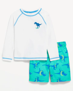Conjunto "Old Navy" - Remera UV manga larga + malla blanco y verde con dinos azules - comprar online
