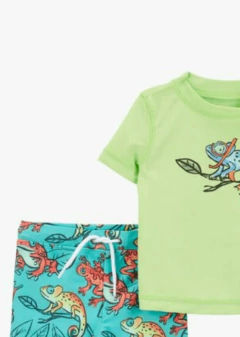 Conjunto "Carter´s" - Remera UV manga corta verde + zunga turquesa con aninales - tienda online