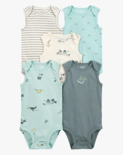 Bodies "Carter´s" x 5 unidades - Musculosas celeste y blanco con ballenas - comprar online
