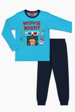 Pijama "Elemento" - Celeste y azul con "Movie Night" - comprar online