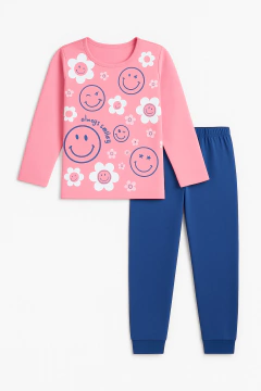 Pijama "Elemento" - Remera rosa manga larga "Smiles" + pantalón azul - comprar online