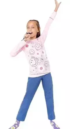 Pijama "Elemento" - Remera rosa manga larga "Smiles" + pantalón azul en internet