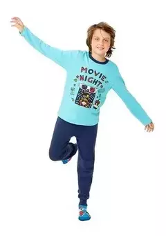 Pijama "Elemento" - Celeste y azul con "Movie Night" en internet