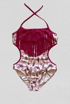Trikini "Marcela Koury" - Enteriza fucsia oscura con flecos, estampado con tucanes y ananás