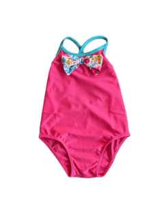 Malla "Licor de Miel" - Enteriza fucsia, con vivo celeste y moño floreado - Lupeluz