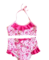 Bikini "Licor de Miel" - Blanca con flores y volados fucsias
