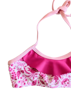 Bikini "Licor de Miel" - Blanca con flores y volados fucsias - comprar online