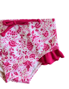 Bikini "Licor de Miel" - Blanca con flores y volados fucsias - Lupeluz
