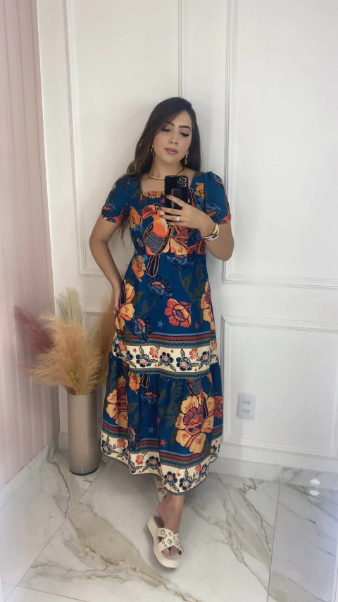 Vestido Manguinha Azul- Crepe