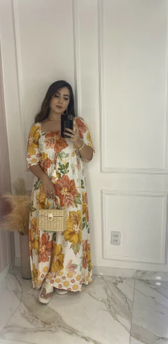 Vestido Manguinha Elástico Flores - Amarelo