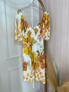 Vestido Manguinha Curto Elástico Flores - Amarelo