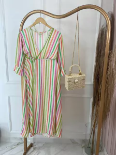 Vestido Transpassado - Listras Colorida