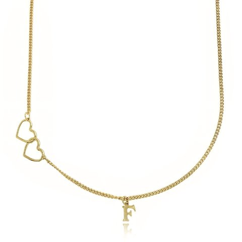 Colar com coração duplo e letra inicial personalizado folheado em ouro 18k