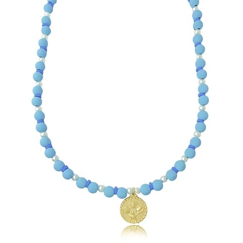 Colar de bolinha azul pingente de medalha do mar folheado em ouro 18k