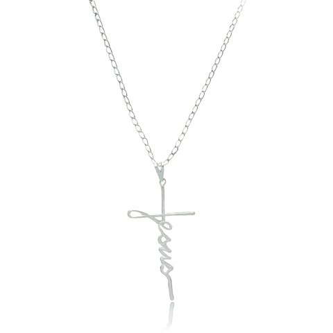 Colar crucifixo escrito Jesus folheado em prata