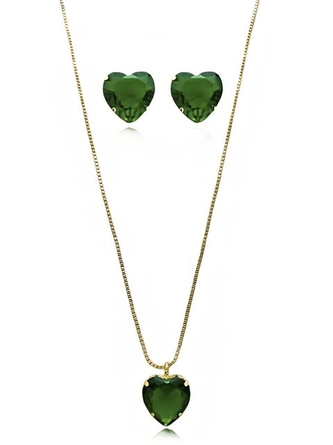 Conjunto de colar e brincos com pedras de coração verde folheado em ouro 18k