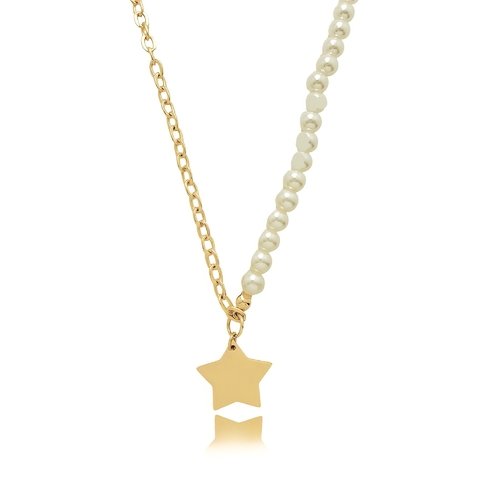 Colar corrente metade pérola e pingente de estrela folheado em ouro 18k