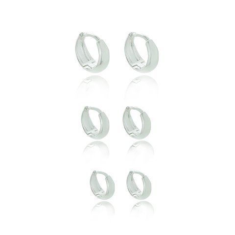 Kit trio de brincos argolinha lisa folheado em prata