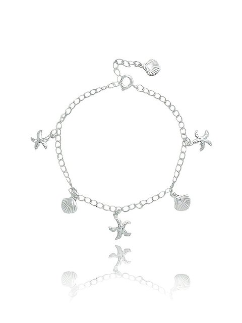 Pulseira com pingente de conchas e estrela do mar folheado em prata