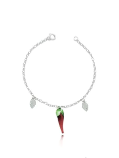 Pulseira com folhinhas e pingente de pimenta folheada em prata