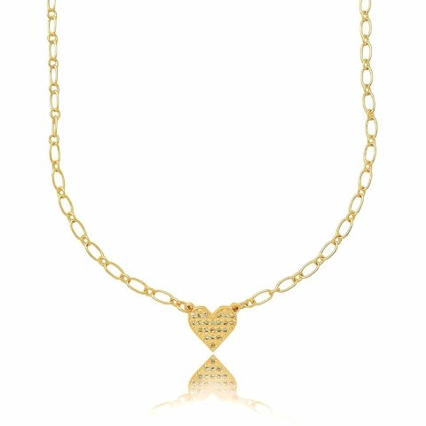 Gargantilha com coração cravejado de microzircônias folheAdo em ouro 18k