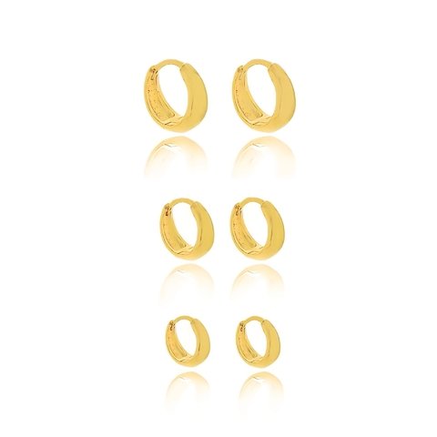 Kit trio de brincos argolinha lisa folheado em ouro 18k