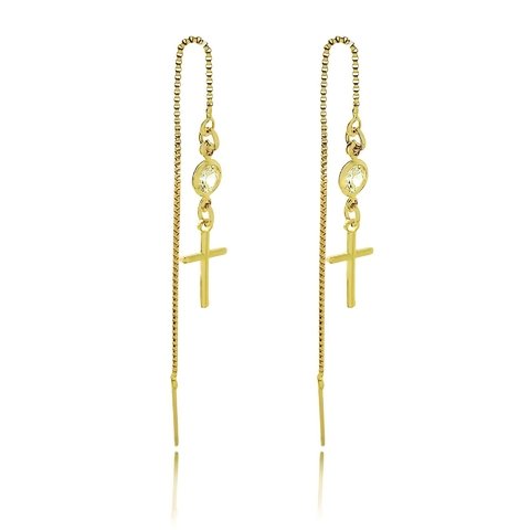 Brinco de fio com zircônia e cruz folheado em ouro 18k