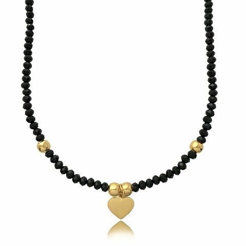Colar fio de cristal preto com pingente de coração e bolinhas folheado em ouro 18k