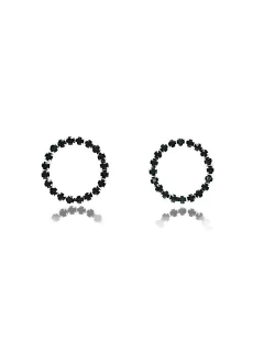 Brinco circular com strass na cor preta folheado em prata
