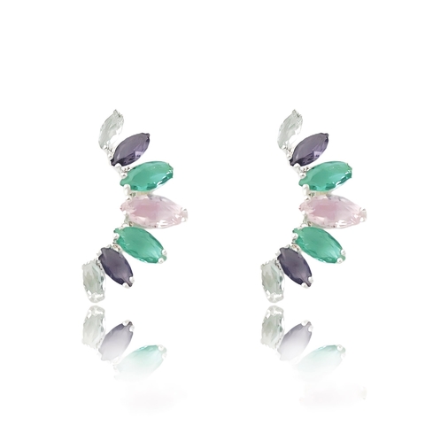 Brinco ear cuff com pedras cravejadas coloridas folheado em prata