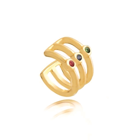Piercing fake stripes com pedras coloridas cravejadas folheado em ouro 18k