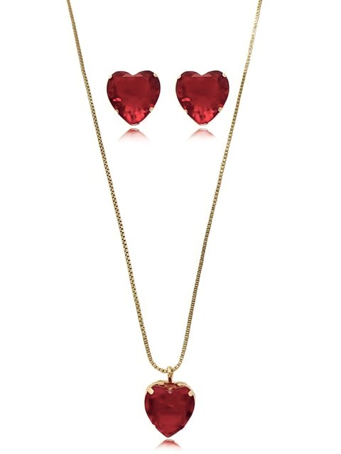 Conjunto de colar e brincos com pedras de coração vermelha folheado em ouro 18k