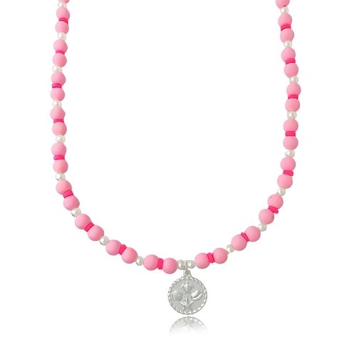 Colar de bolinhas rosa pingente de medalha do mar folheado em prata