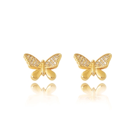 Brinco de borboleta com asas superiores cravejada folheado em ouro 18k