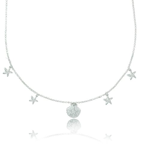Colar com pingente de concha e estrelas do mar folheado em prata
