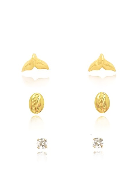 kit de brincos calda de sereia e búzio folheado em ouro 18k